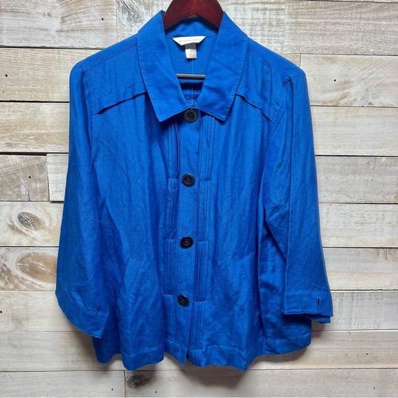 Christopher & Banks Linen Blend Jacket Womens XL Blue Button Up Pockets New - Picture 2 of 11